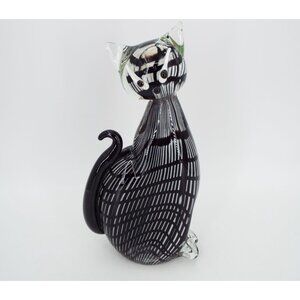 Handmade Art Glass 8" Black White Cat Figurine